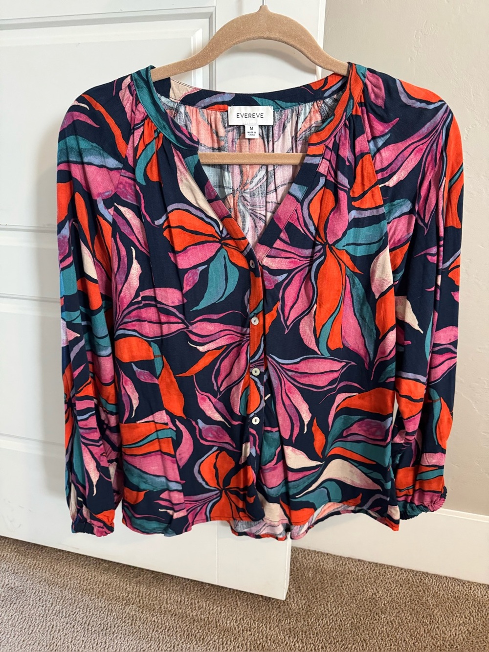 Evereve Navy Blouse with Pink, Orange & Teal Leaf Print